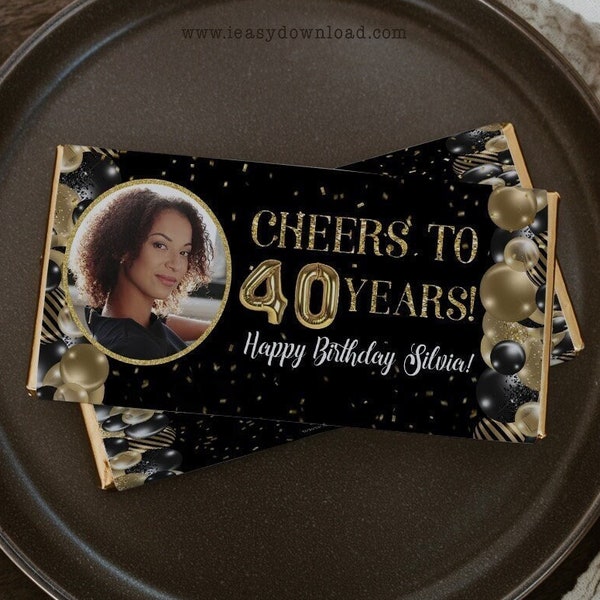 Editable Cheers to 40 years Gold Black Confetti Chocolate Wrapper Printable, 40th birthday Candy Bar Wrapper Template with Corjl - AP6