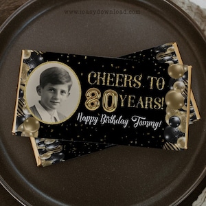 Gold & Black 80th Birthday Chocolate Wrapper: Editable Confetti Balloons (Printable)