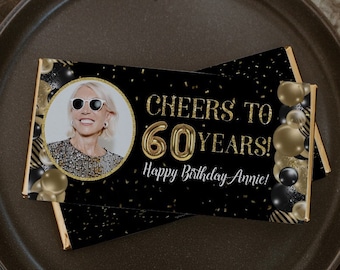 Cheers to 60 years Gold Black Confetti Chocolate Wrapper Printable, 60th birthday Candy Bar Wrapper Favor, Age and Text are Editable - AP6