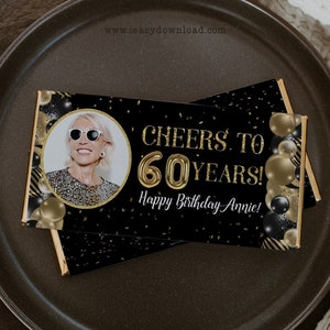 Cheers to 60 years Gold Black Confetti Chocolate Wrapper Printable, 60th birthday Candy Bar Wrapper Favor, Age and Text are Editable - AP6