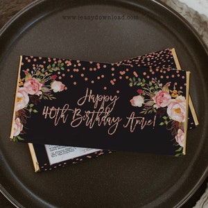 Rose Gold Confetti 40th Birthday Candy Wrapper: Editable Chocolate Bar Printable (Digital Download)