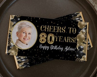 Gold Black Balloons Gold Confetti 80th Birthday Chocolate Wrapper Printable Candy Bar Wrapper Birthday, Age and Text are Editable - AP6