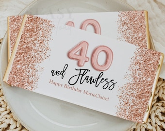Forty and Flawless Rose Gold 40th Birthday Chocolate Wrapper Printable Candy Bar Wrapper Birthday Decor Edit Age and Edit Text Template AP1