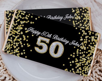 EDITABLE Gold Confetti 50th Birthday Chocolate Wrapper Printable Candy Bar Wrapper Birthday Decor Can Change Age and Edit Text Template AP6