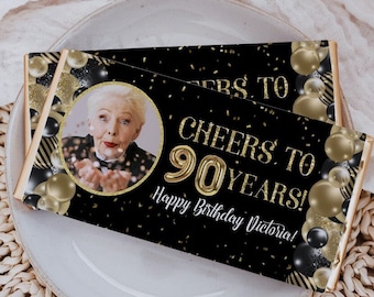 Gold Black Balloons Gold Confetti 90th Birthday Chocolate Wrapper Printable Candy Bar Wrapper Birthday, Age and Text are Editable - AP6