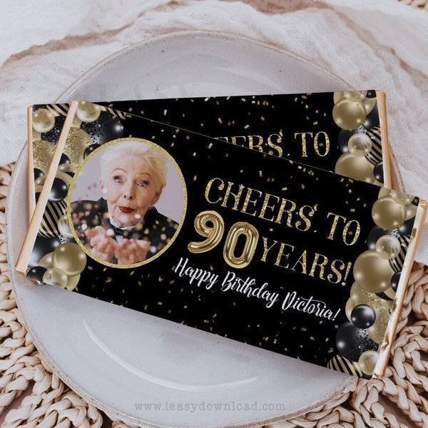 Gold Black Balloons Gold Confetti 90th Birthday Chocolate Wrapper Printable Candy Bar Wrapper Birthday, Age and Text are Editable - AP6