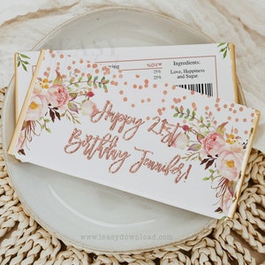 Rose Gold Confetti Birthday Candy Wrapper: Editable Chocolate Bar Favor (Digital Download)