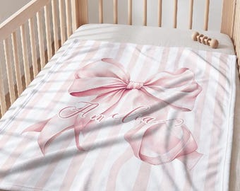 Pink Bow Blanket Personalized Baby Newborn Custom Name Nursery Blanket for Baby Shower Gift for Birthday Present