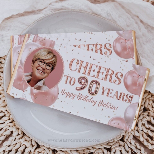 Rose Gold Balloons Rose Confetti 90th Birthday Chocolate Wrapper Printable Candy Bar Wrapper Birthday, Age and Text are Editable - AP1