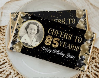 Editable Photo 85th Birthday Chocolate Wrapper: Gold & Black Balloons (Digital Download)