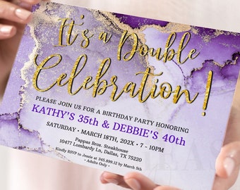 Adult Double Celebration Invitation, Anniversary Party Purple and Gold Template Invitation Double Birthdays Surprise Birthday Editable Corjl