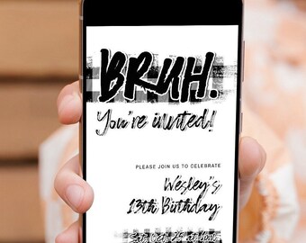 Editable Bruh Invitation Birthday, You're Invited Invitation, Black Plaid Birthday Party Invitation for Boys, Teens Birthday Invitation KP38