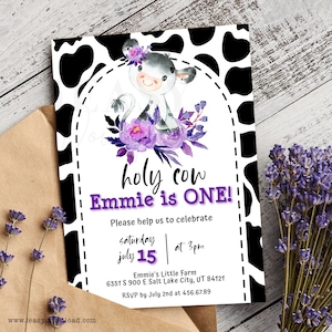 Holy Cow I&#39;m ONE Purple Farm Birthday Invitation, For Any Ages | Cow Purple Farm 1st Birthday Invite Template | Editable Cow Invitation KP1