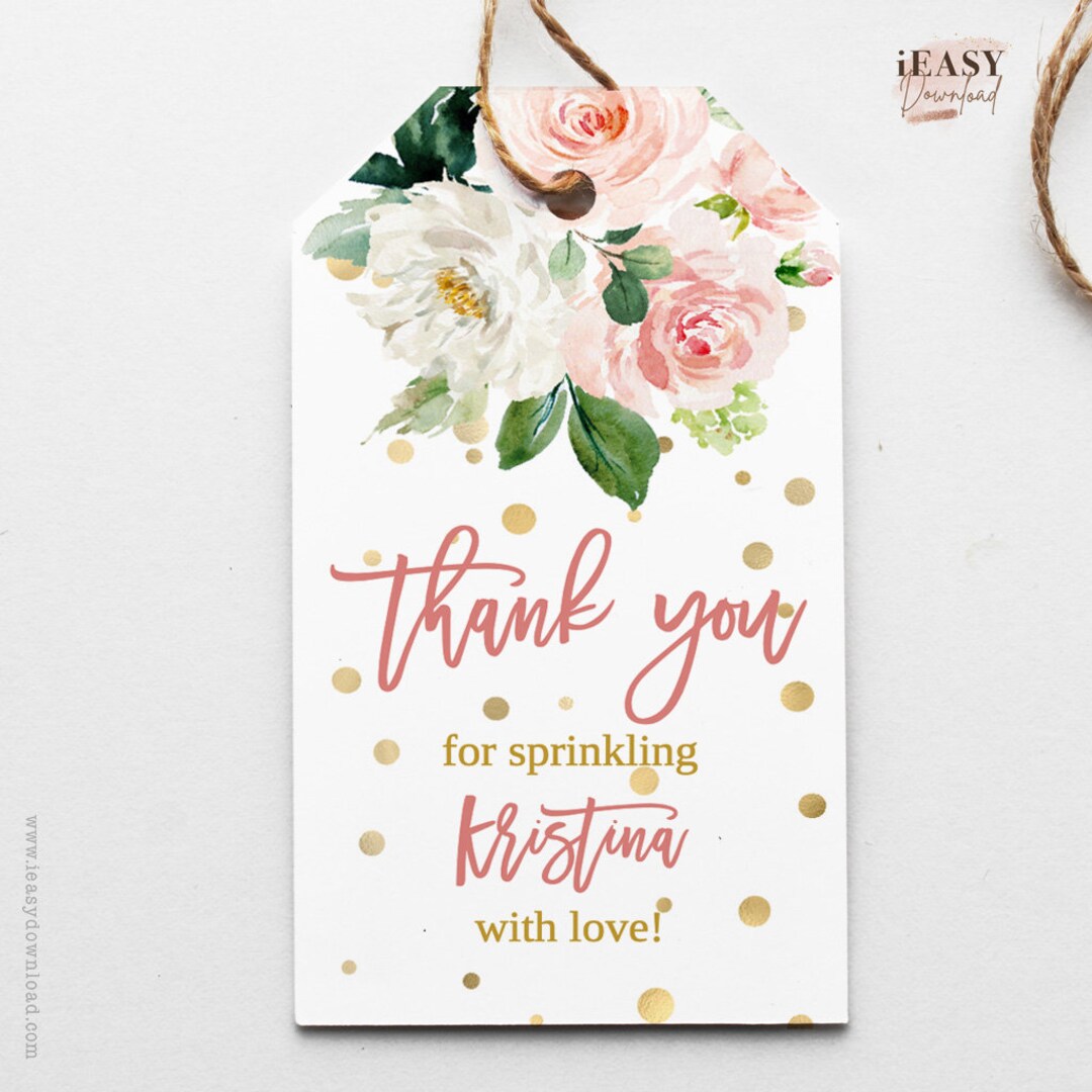 Editable Baby Sprinkle Shower Tags | Blush Pink Flowers Gift Favor Tags ...