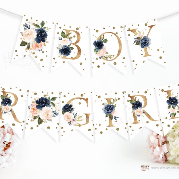 Gender Reveal Navy and Blush, BOY or GIRL Banner Gender Reveal Navy and Rose Gold, Gold Confetti Decor Instant Download Print Yourself GRN1