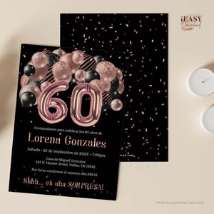 Balloons Rose Gold and Black 60th Birthday Invitation Template | Surprise birthday invitation in Spanish | Spanish Birthday Invite Corjl AP1