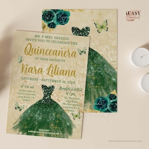 Editable Emerald Green Quinceañera Birthday Invitations, 15th Birthday Invite, Green, Butterflies, Mis Quince Birthday Invite Template QCA1