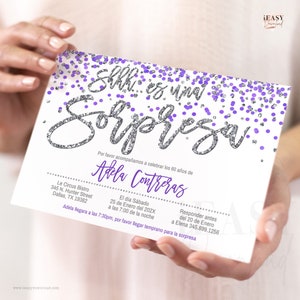 Spanish Birthday Invitation, Silver and Purple Confetti, Adult Surprise 60th Birthday Invitation, Sorpresa de Cumpleanos Template Corjl AP12