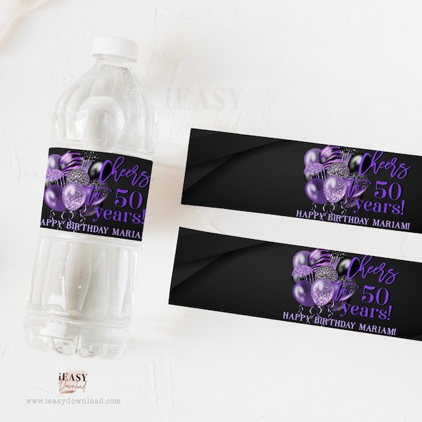 Cheers to 50 years, Water Bottle Label, Black and Purple Birthday Party Decorations, 50th Birthday Water Bottle EDITABLE with Corjl AP6