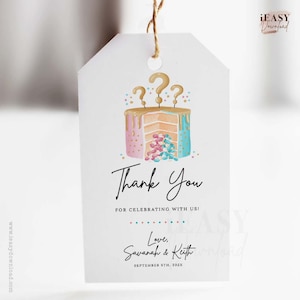 Gender Reveal Thank You Tags, Pink and Blue Gender Reveal Cake, Baby Girl or Boy Favor Tag, Baby Shower Thank You Tag Editable Template GRN1