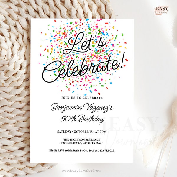 Editable, Lets Celebrate Birthday Invitation, 40th Birthday Invite, Electronic Invitation, 50th Birthday Confetti Invitation, Template AP17