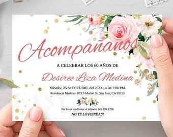 Pink Roses Spanish 60th Birthday Invitation Template (Digital Download)