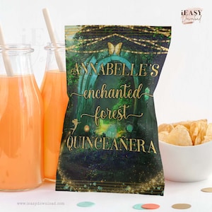 Editable Chip Bag Gold and Emerald Green, Enchanted Evening, Quinceañera Party Favor, Enchanted Forest Snack Bag for any age with Corjl