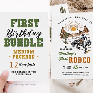My First Rodeo Party Bundle Fist Birthday Party Package, Western First Birthday Bundle Cow Boy Set of 12, DIY Editable Templates Corjl KP35