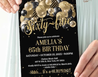 Gold & Black 65th Birthday Invitation Editable Balloon Design Digital Download