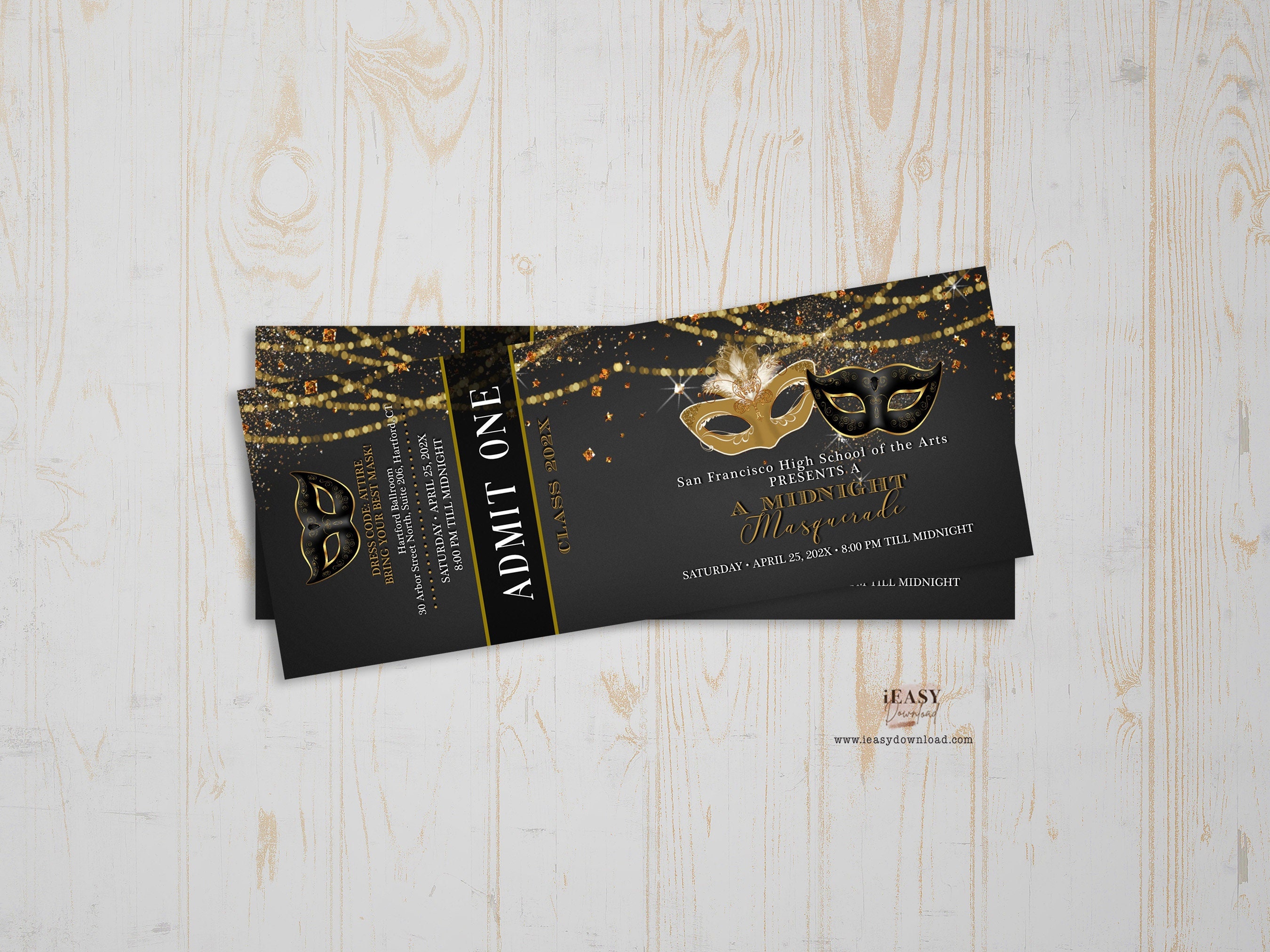 Editable PROM Ticket Template Gold and Black Masquerade Etsy Australia