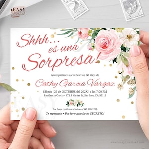 Spanish Birthday Party Fiesta Sorpresa 60 años Cumpleaños 70 Birthday Invitation | Floral Pink Roses | Gold Confetti Template All Ages AP18