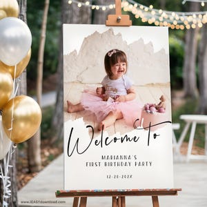 Photo Welcome Sign Party Decoration, First Birthday Personalized Welcome Sign, Modern Birthday Party Brush Design Poster with Photo Template