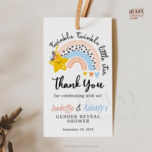 EDITABLE Twinkle Twinkle Little Star Baby Shower Favor Tags, Gender Reveal Thank you tag, Rainbow Baby Shower Thank You Tag, Template GRN1