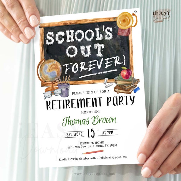 Teacher Retirement Invitation, School's Out Forever Party Celebration Invitation, Surprise Retirement, Principal Retirement Editable AP14