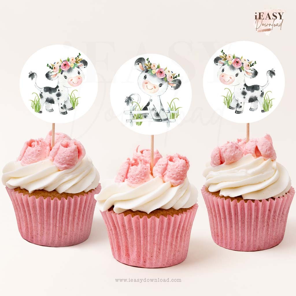 Girl Cow Birthday Printables Pink Cow Cupcake Topper Girl Barnyard Themed Party Round Tags Pink Farm Birthday Party