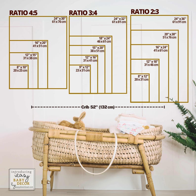 May include: A woven baby bassinet with a plush bunny and folded blankets. Above, a display of framed art sizes in various ratios: 4:5, 3:4, and 2:3, with dimensions in inches and centimeters. The text "Introducing Baby Decor" is at the bottom.