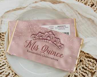 Mis Quince Chocolate Wrapper: Blush Pink, Rose Gold Crown (Editable Template)