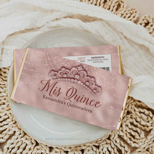 Mis Quince Birthday, Blush Pink and Rose Gold, Crown Quiñceanera Chocolate Wrappers Editable for any Ages, Template Wrapper with Corjl QCA1