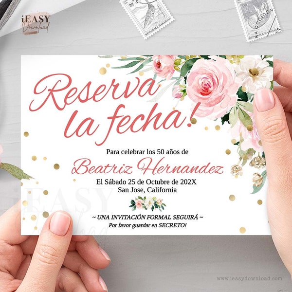 Save the Date Birthday Party in Spanish Surprise Party Floral Pink Roses with Gold Confetti Reserva la fecha Birthday Template All Ages AP18