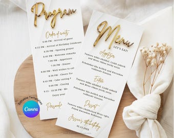 Gold & White Menu Program Template: Modern Birthday Party (Edit in Canva)