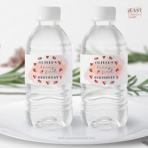 Strawberry Water Bottle Label Editable Template, Berry First Birthday Party Decoration, Matching Strawberry Birthday Drink label Corjl KP24
