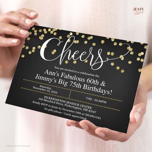 Cheers, Adult Joint Birthday Invitation, Combined Party Co-Birthday, Gold Glitter and Black Invite, Joint Birthday Party Invite Template AP6
