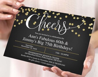 Gold Glitter Joint Birthday Invitation Cheers Adult Party Template
