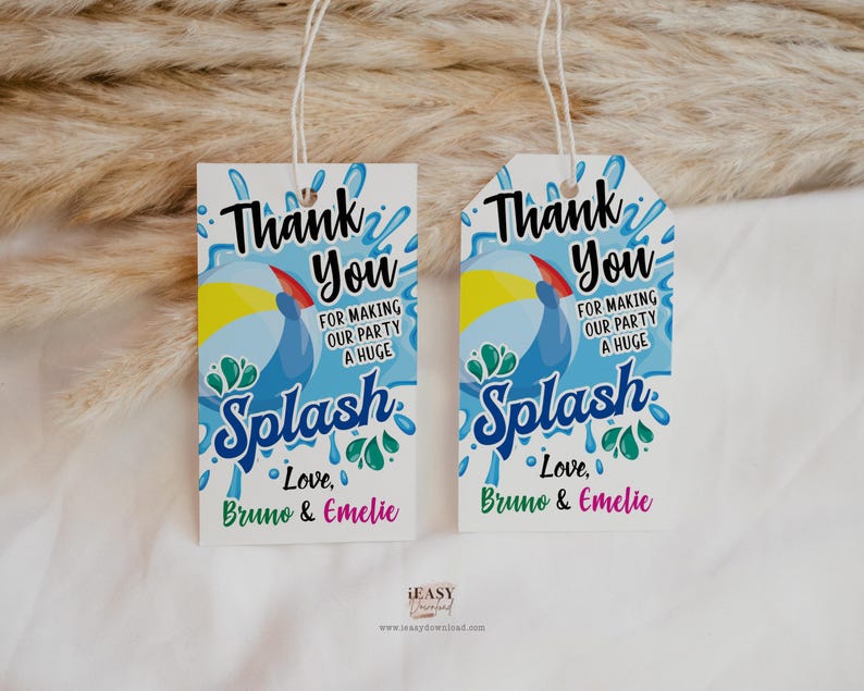 May include: Two blue and white thank you tags with a toucan and the word "Splash" in a colorful font. The text reads "Thank you for making our party a huge splash. Love, Bruno & Emelie."