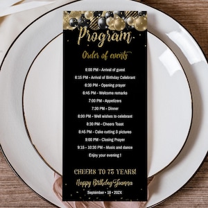 Editable Program Card Template Gold and Black Itinerary Birthday Template Printable 4x9 Card Printable Itinerary editable with Corjl AP6