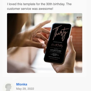 May include: A smartphone displaying a black and rose gold 30th birthday party invitation with the text "Thirty" in rose gold script. The invitation includes the text "Kor Botty" and "January 31, 20XX".