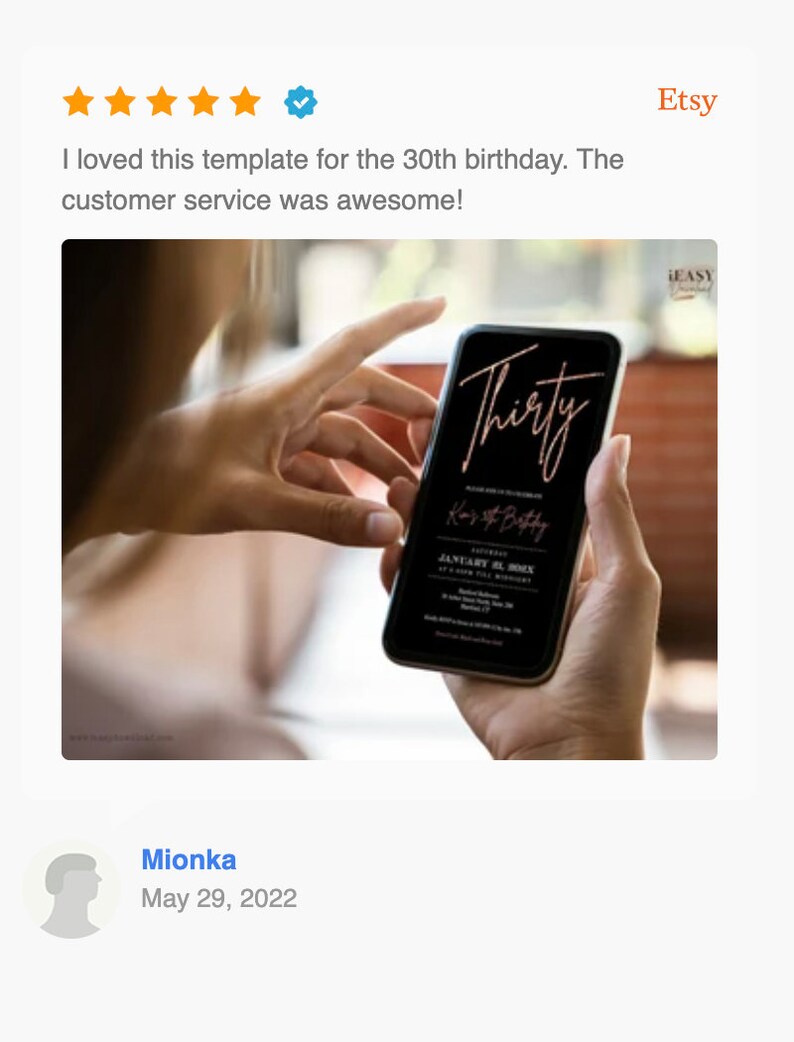 May include: A smartphone displaying a black and rose gold 30th birthday party invitation with the text "Thirty" in rose gold script. The invitation includes the text "Kor Botty" and "January 31, 20XX".