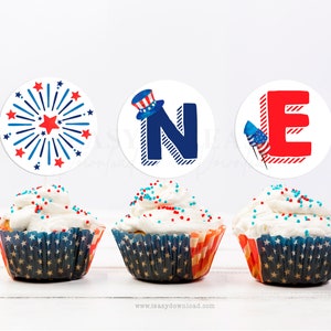 First Birthday Cupcake Topper ONE Firecracker Born on 4th July Red White and Blue 4th of July 1st Birthday Party Decoration Food Topper KP10