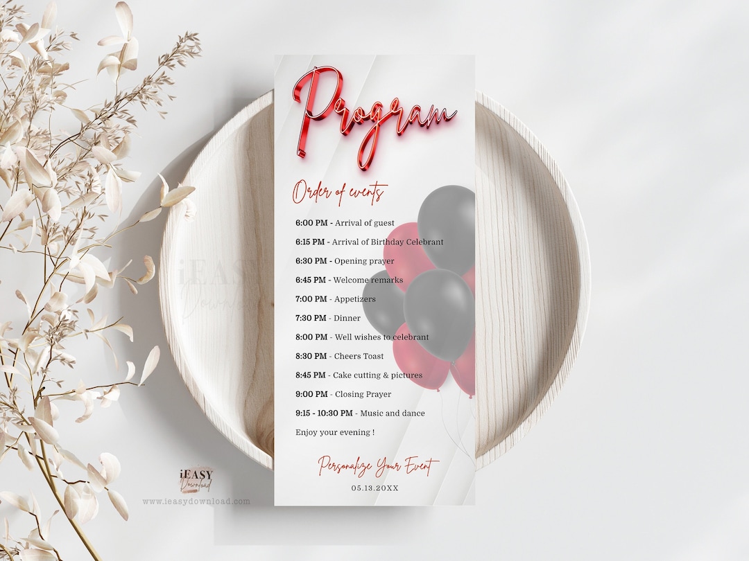 Birthday Program Card Template Red and Black Balloons Editable - Etsy