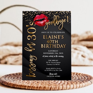 Editable Kissing My 30's Goodbye 40th birthday Invitation Template, Red Lipstick prints, Kissing her 30's birthday Party Invitation Corjl